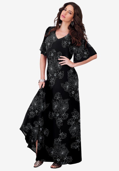 Flutter-Sleeve Crinkle Dress, SKETCHED BOUQUET, hi-res image number null