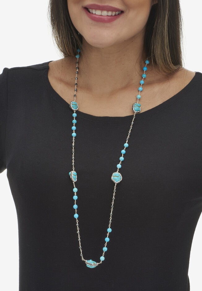 Genuine Turquoise And Crystal Silvertone Beaded Drop Necklace 36-Inch, , alternate image number null