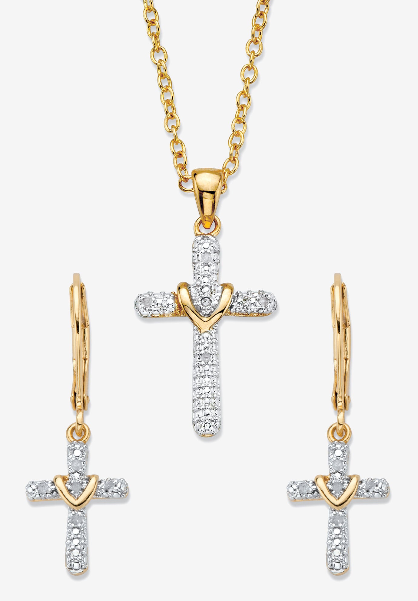 Diamond Accent Gold-Plated 2-Piece Cross Earring and Necklace Set 18 inches-20 inches, GOLD, hi-res image number 0