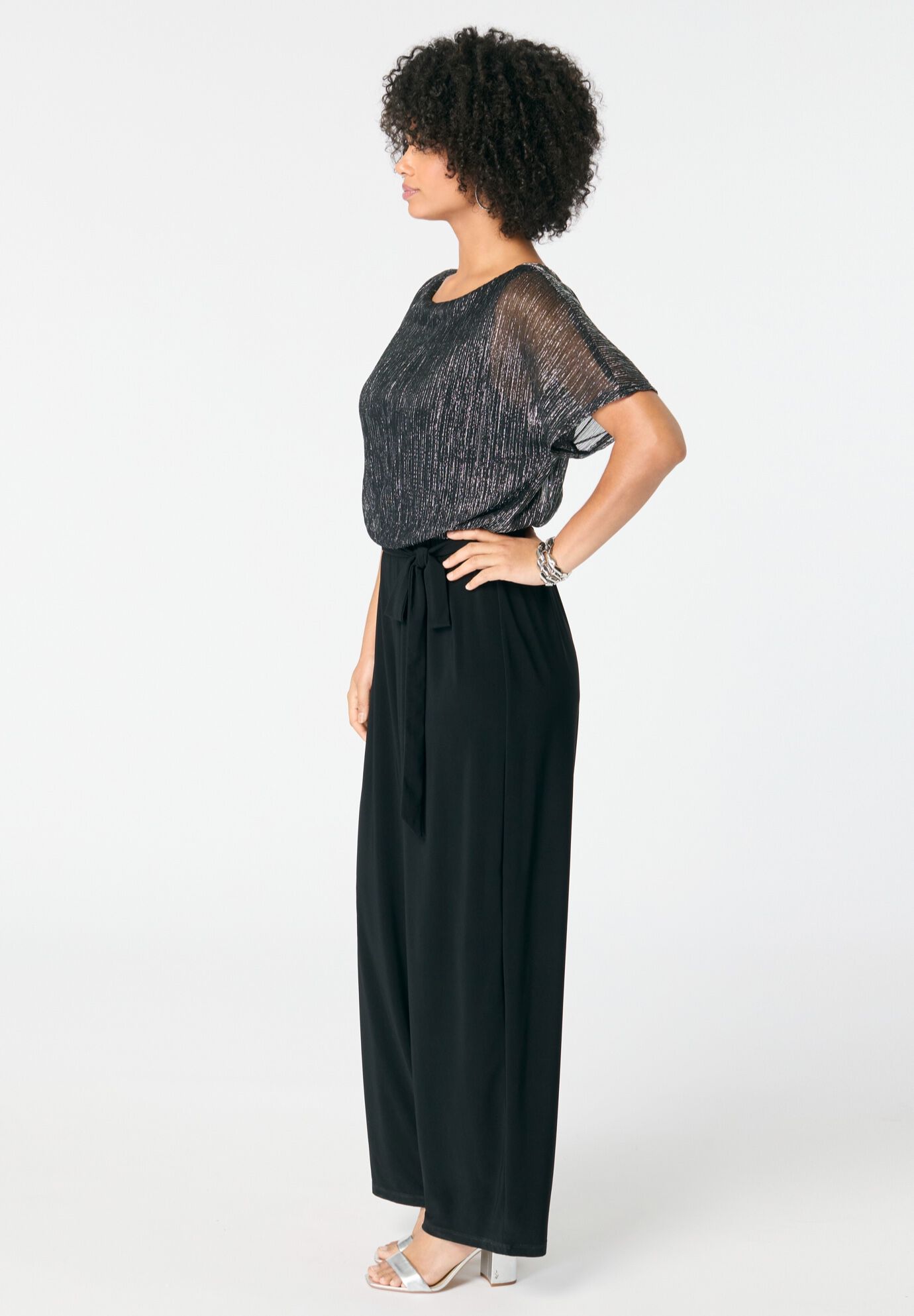 Plus-Size Short Sleeve Lurex Blouson Jumpsuit, BLACK, alternate image number 2