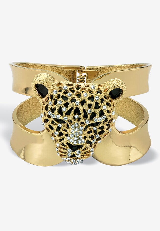 Goldtone Crystal Leopard Hinged Cuff Bangle Bracelet (50Mm), CRYSTAL, hi-res image number 0