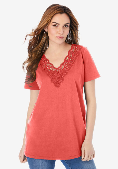 Lace-Trim Embroidered Tee, SUNSET CORAL, hi-res image number null