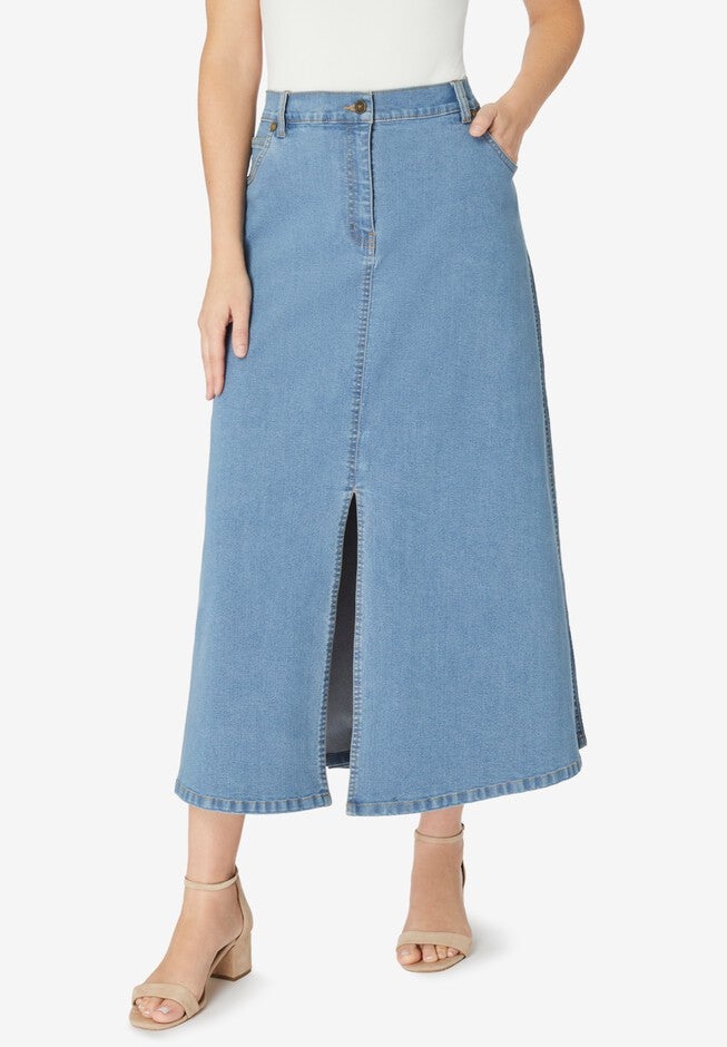 Invisible Stretch® Contour Front Slit Maxi Skirt, BLUE STONEWASH, hi-res image number 0