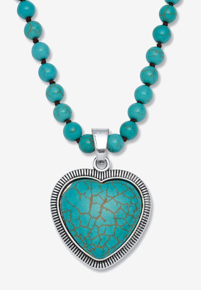 Genuine Turquoise Antiqued Silvertone Heart Pendant Necklace, 34 Inches, TURQUOISE, hi-res image number null