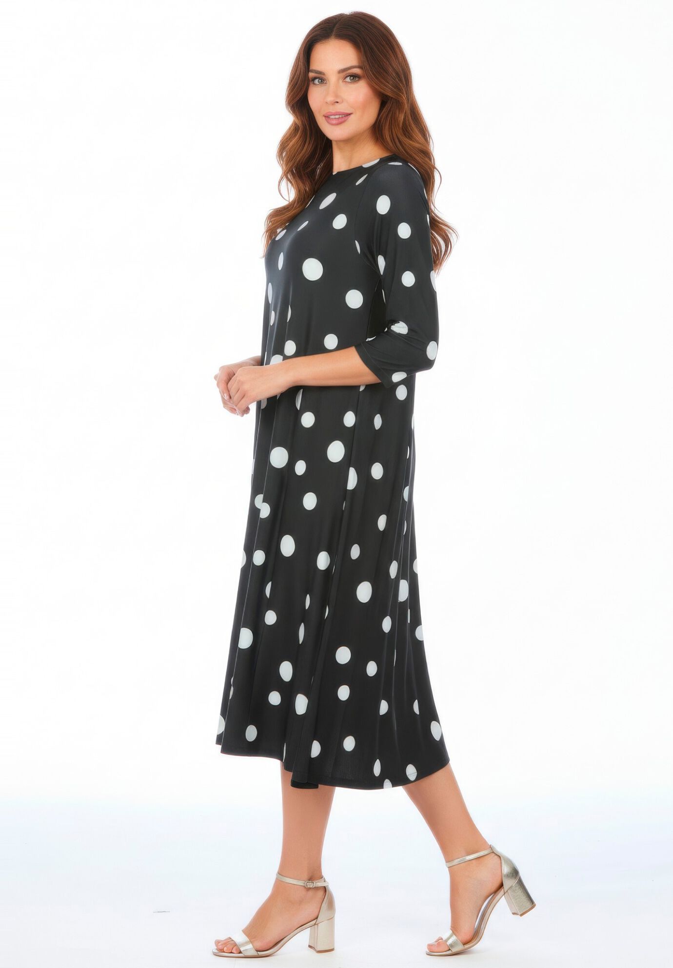 Plus Size 3/4 Sleeve Boatneck Swing Dress, , alternate image number 3