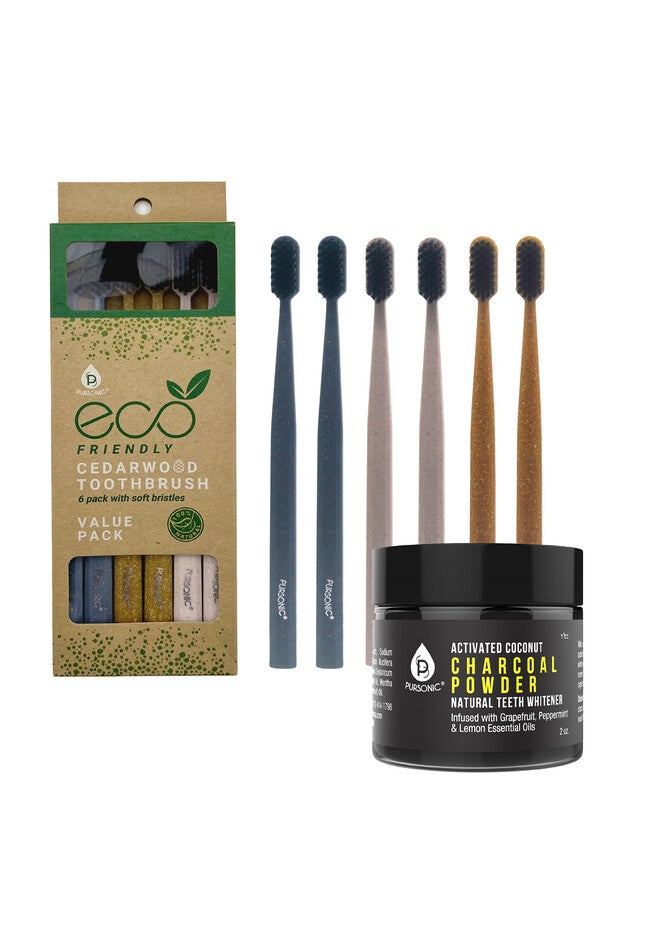 Natural Radiance Combo: Activated Coconut Charcoal Powder Natural Teeth Whitener + 100% Eco-Friendly Cedarwood Toothbrushes (6 Pack), O, hi-res image number null