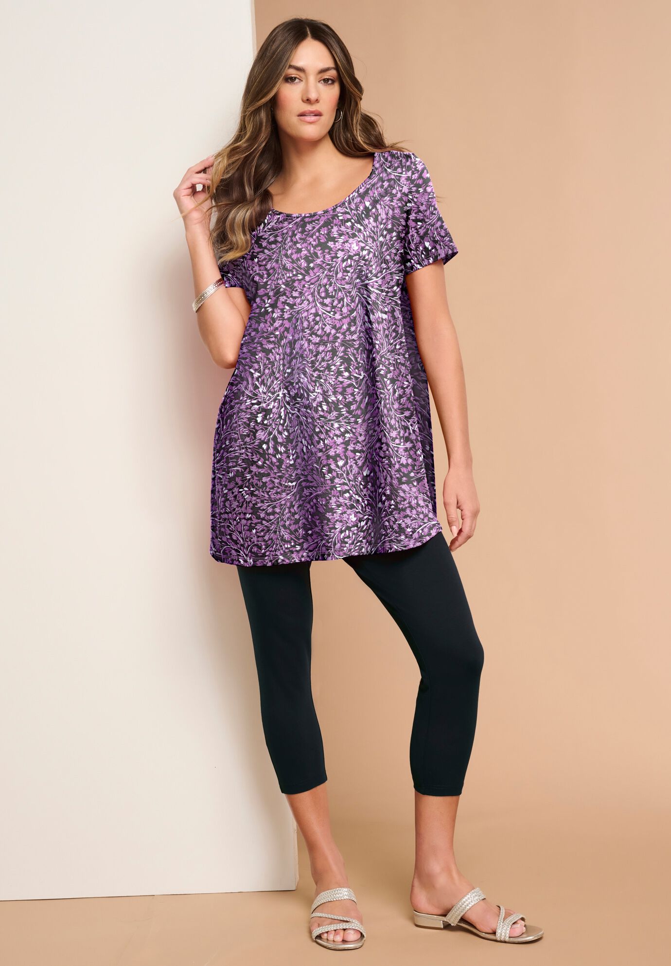 Plus Size Cotton Ultimate Scoopneck Swing Tunic, MAGENTA SWIRLY LEAVES, on-hover image number 1
