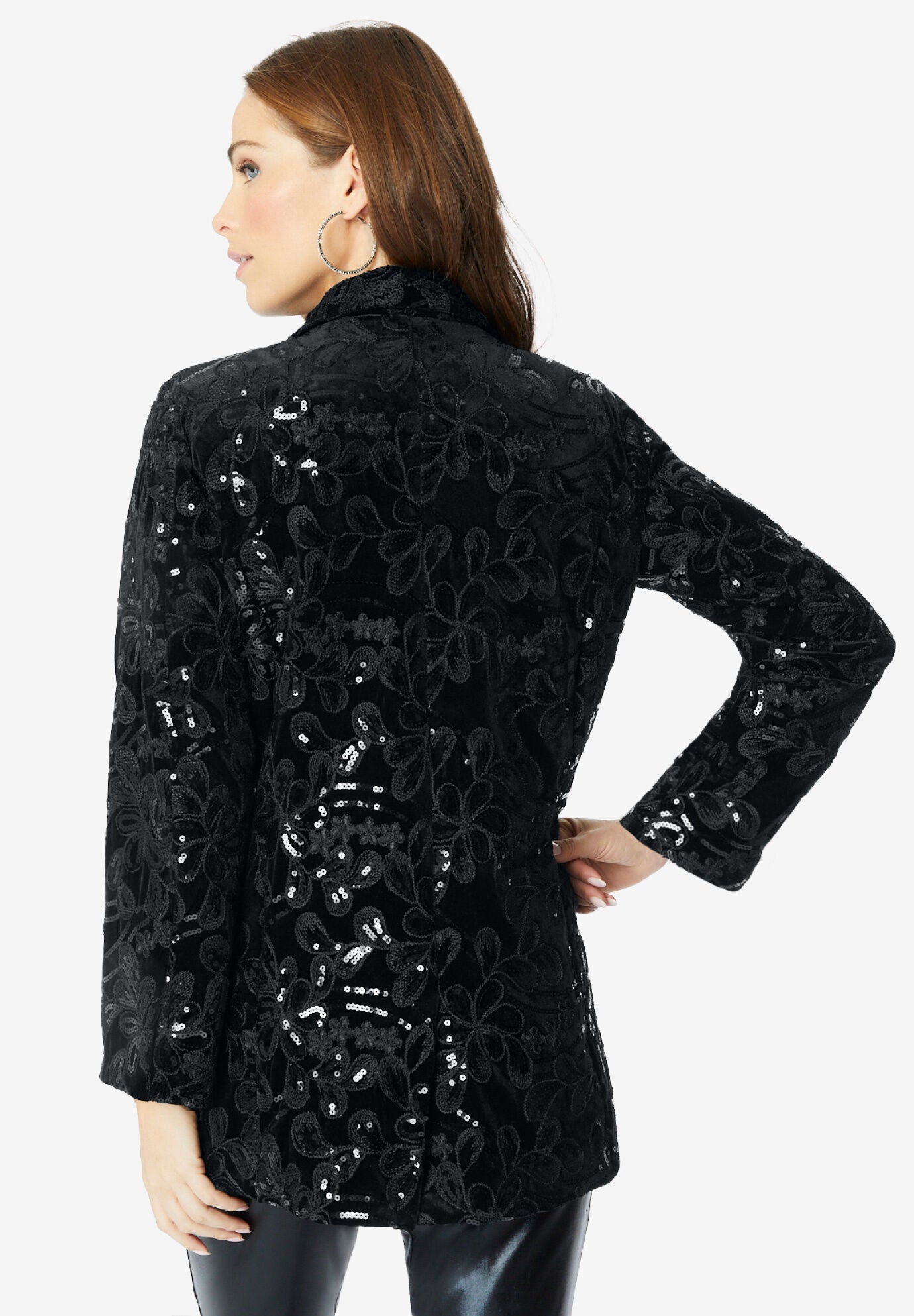 Plus Size Sequin Embroidered Blazer, BLACK FILIGREE EMBELLISHMENT, alternate image number 2