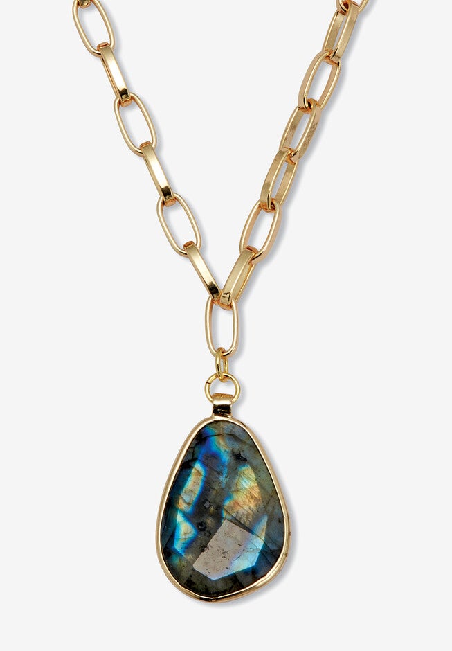 Genuine Blue Labradorite Goldtone Drop Necklace, 20-Inch Length, BLUE, hi-res image number null