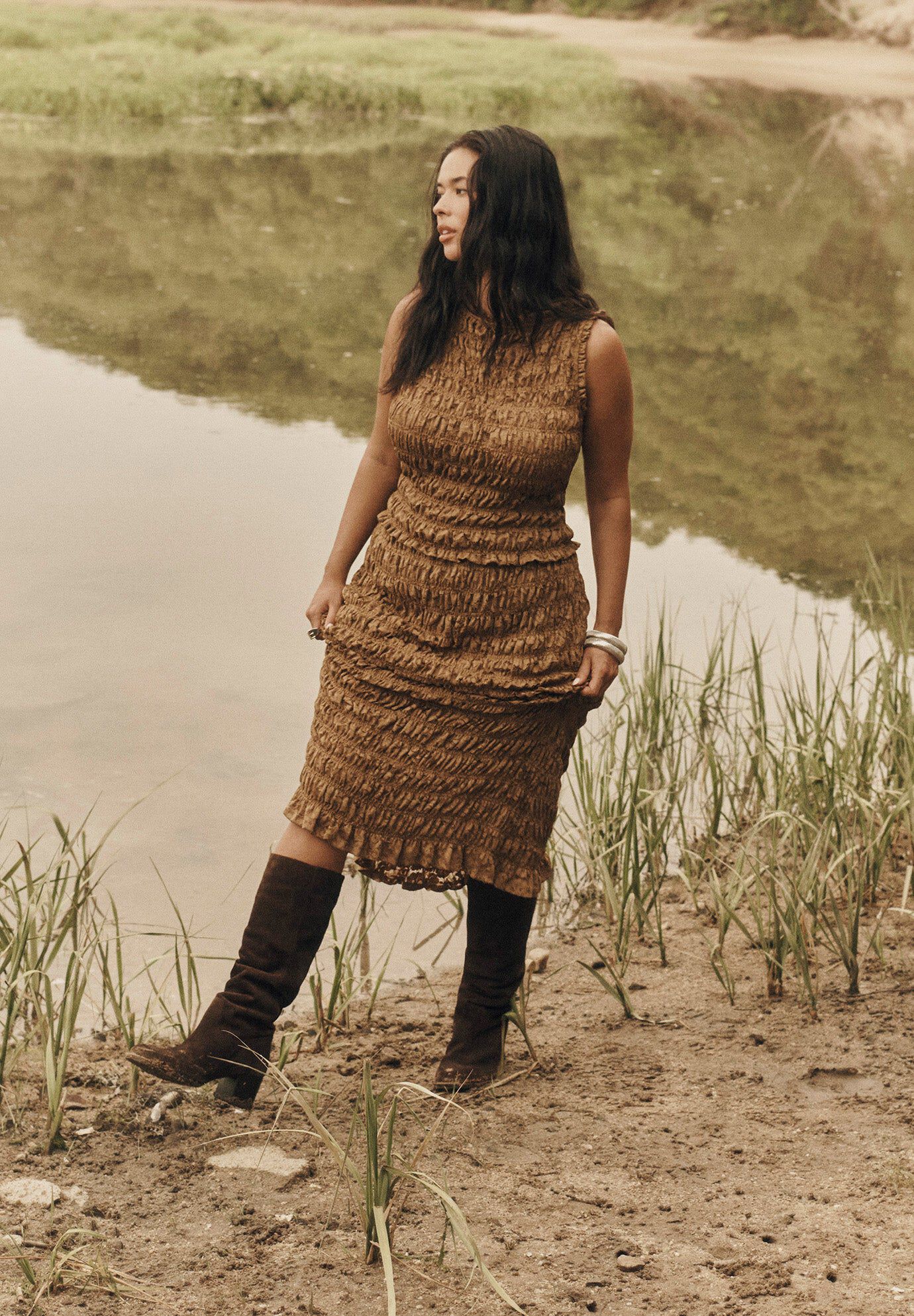 Smocked Lace Knit Midi Skirt