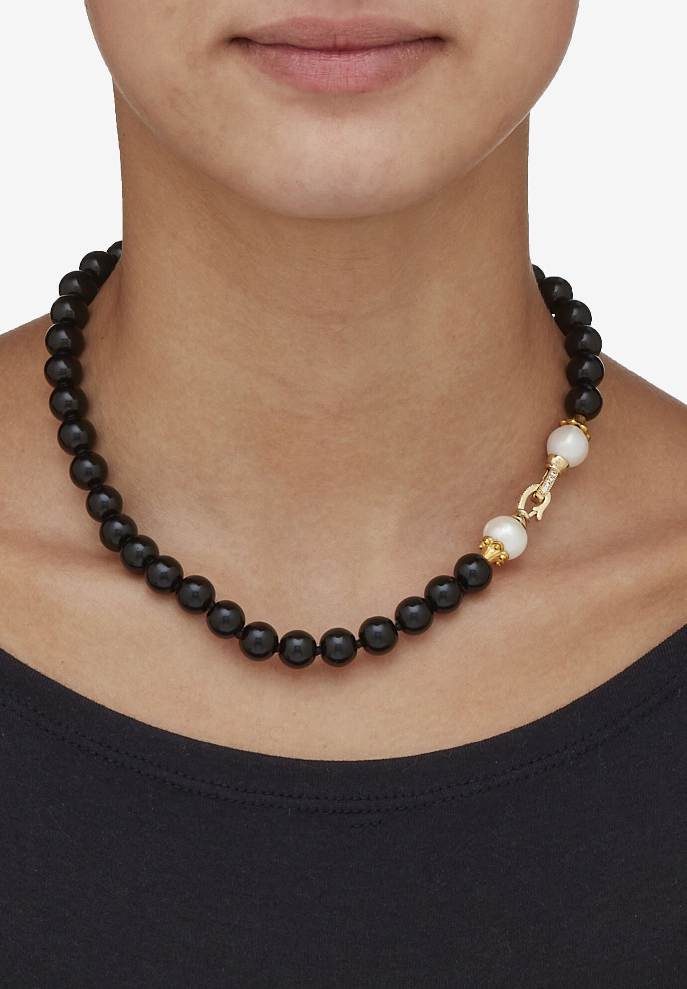 1.72 Cttw. Black Agate & Keshi Pearl Drop Beaded Necklace Gold-Plated 20 inches Length, , on-hover image number 1