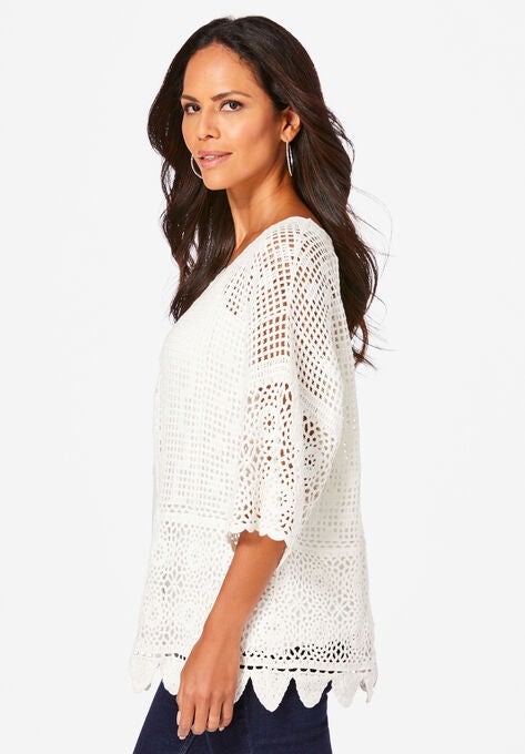 Scallop-Trim Crochet Cardigan, , alternate image number null
