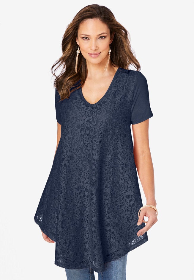 Lace-Overlay Swing Ultra Femme Tunic, NAVY, hi-res image number 0