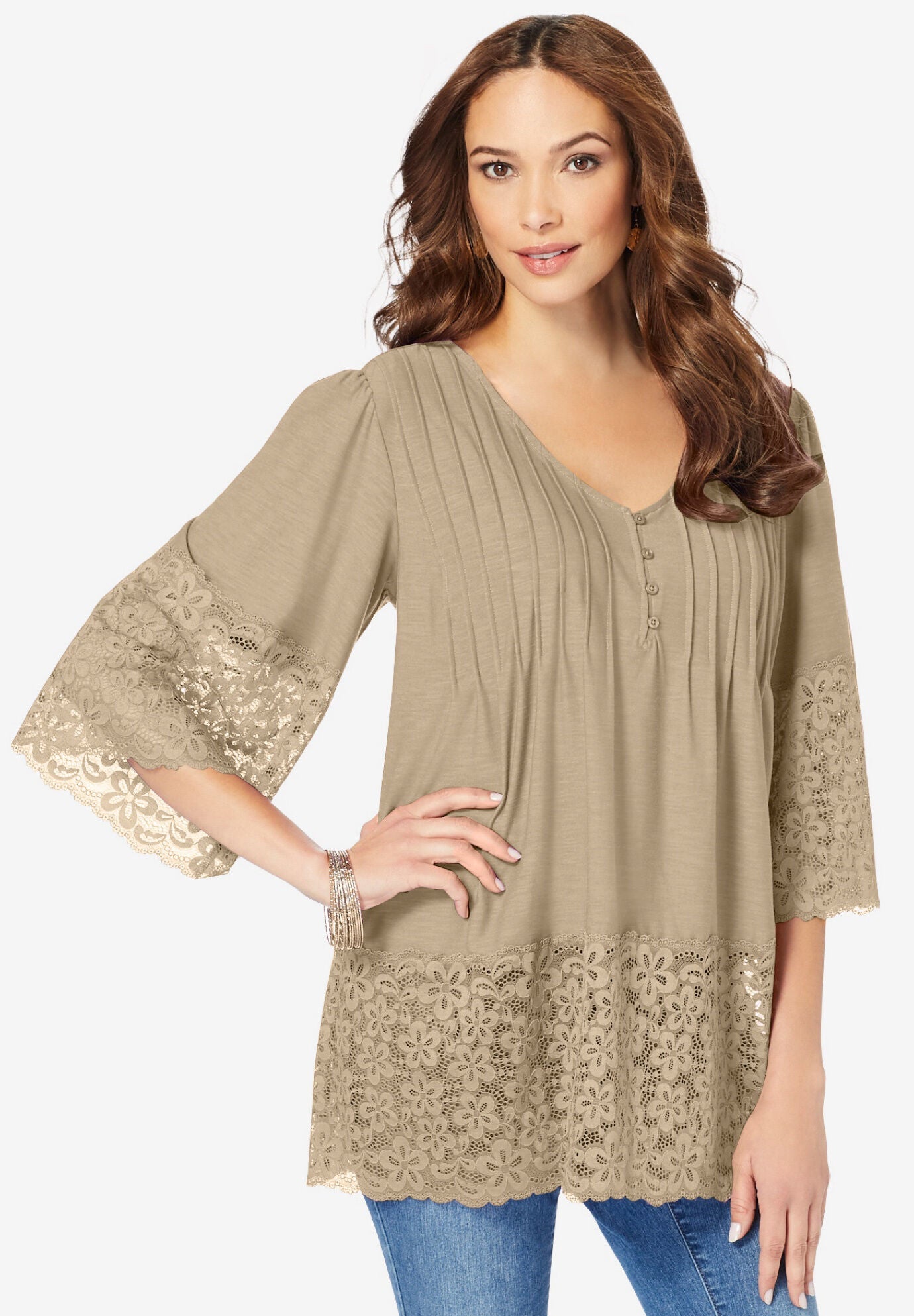 Lace-Hem Pintuck Tunic, SANDY BEIGE, on-hover image number 1