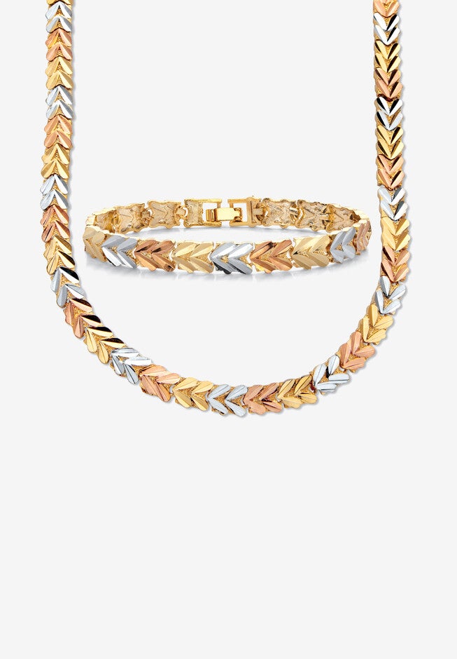 Tri Tone Foxtail Link 18 inches Necklace And 7 inches Bracelet Set Jewelry, GOLD, hi-res image number 0