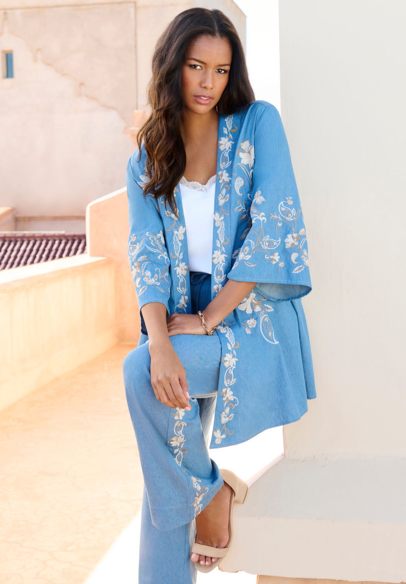 Plus Size Chambray Embroidered Kimono, , alternate image number 4