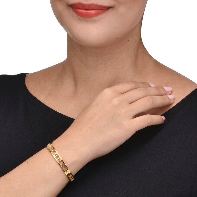 Roman Numeral Gold Ion-Plated Stainless Steel Bangle Bracelet, YELLOW, alternate image number 2