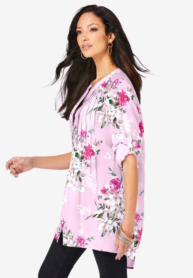 Plus Size Floral Y-Neck Pintuck Tunic – Adjustable Long Sleeve Button-Front, Relaxed Shirt Style, PINK ROMANTIC ROSE, alternate image number 2