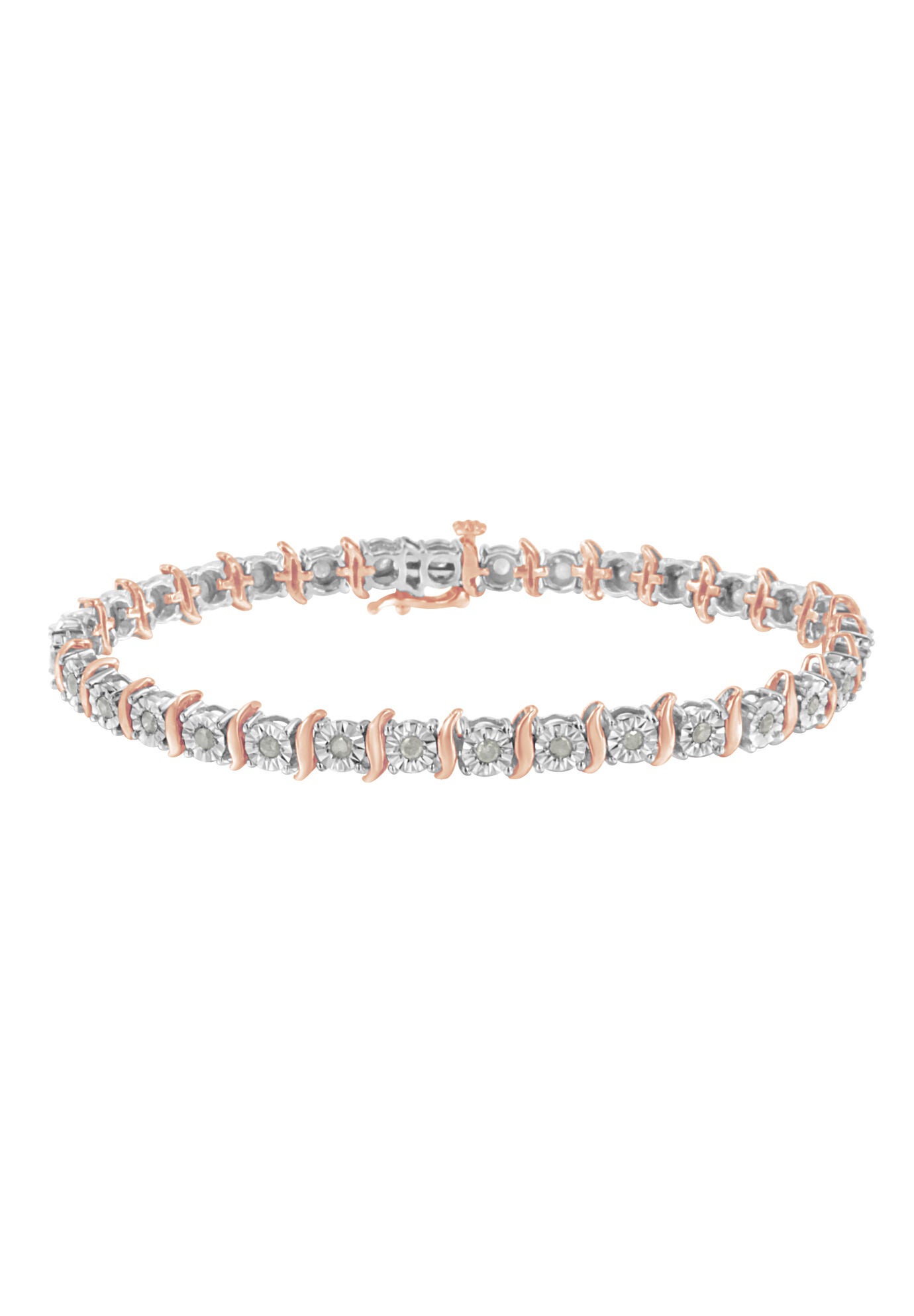 Two Tone Rose Gold Over Sterling Silver Diamond Scurve Link Miracleset Tennis Bracelet 8 inches, ROSE GOLD SILVER, hi-res image number 0
