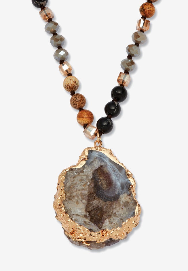 Genuine Brown Agate And Multi-Color Jasper Goldtone Drop Necklace, 32 Inches, BROWN, hi-res image number null