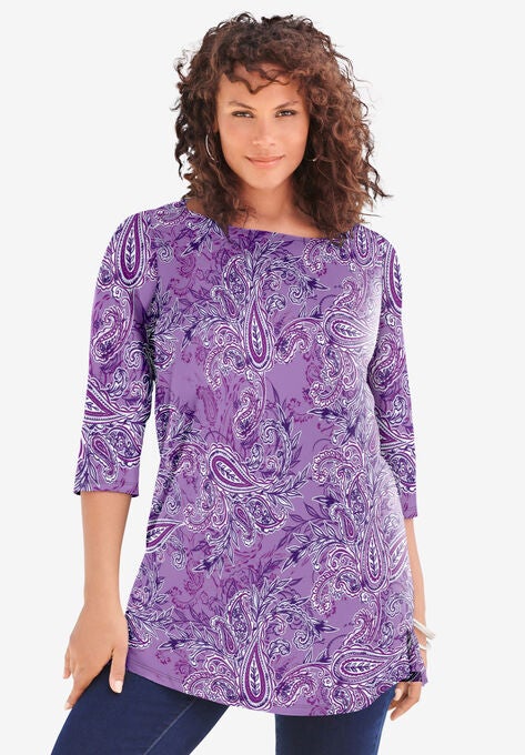 Boatneck Ultimate Tunic with Side Slits, VIOLET BANDANA PAISLEY, hi-res image number null
