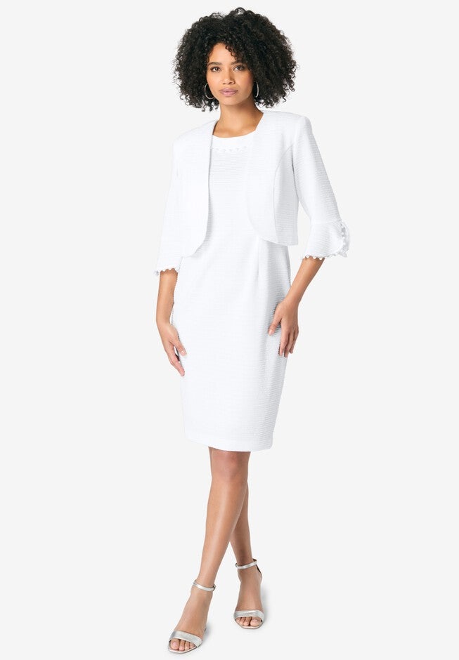 Pearl-Detail Dress and Jacket, WHITE, hi-res image number null