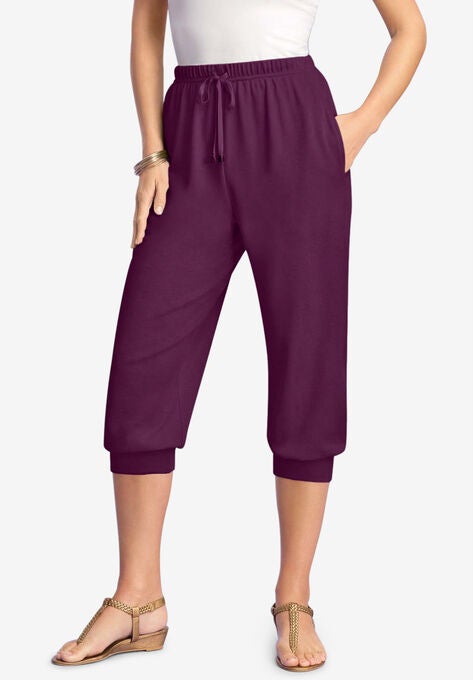 Drawstring Soft Knit Capri Pant, DARK BERRY, hi-res image number null