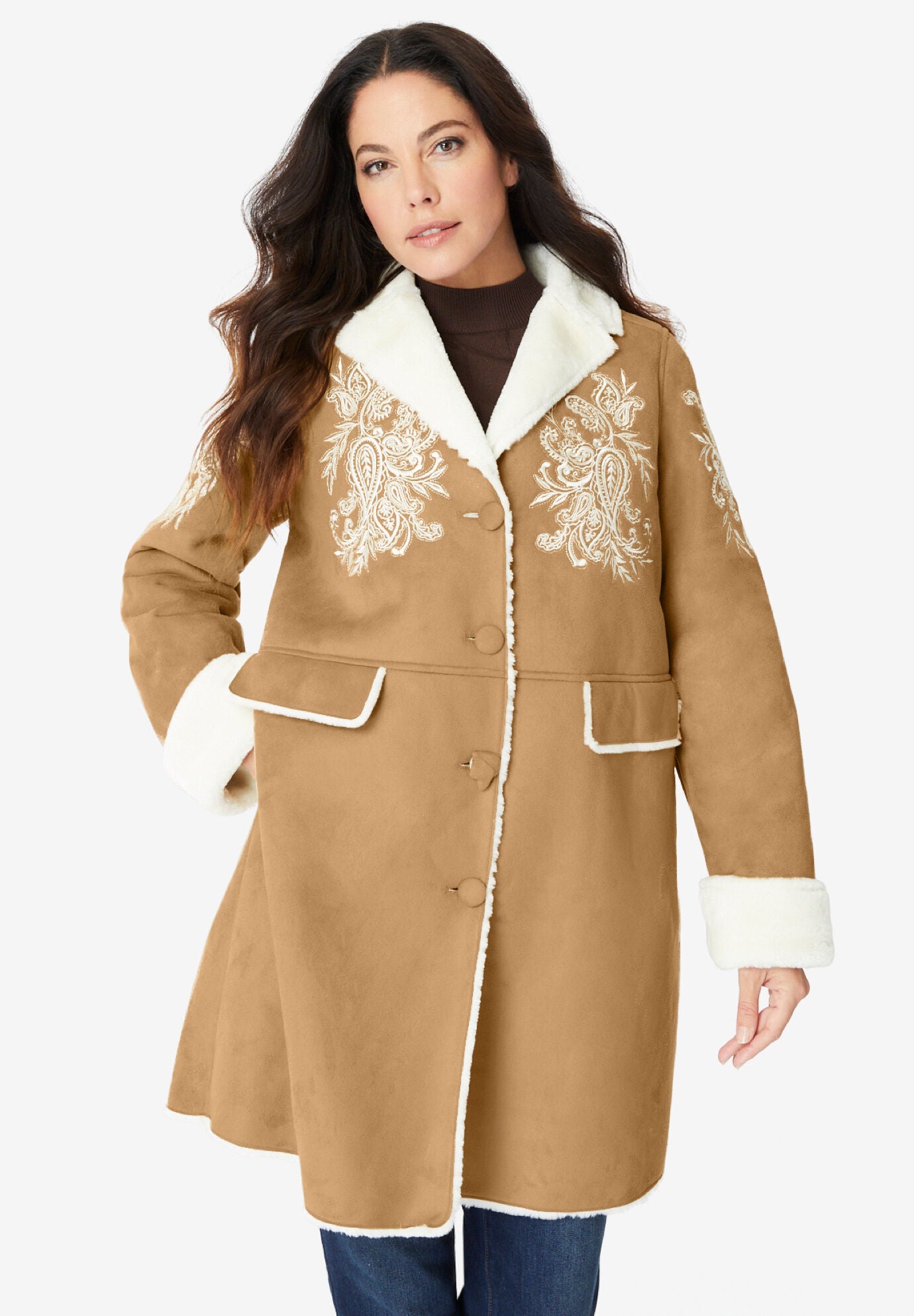 Embroidered Faux Shearling Coat., CAMEL PAISLEY BOUQUET, hi-res image number 0
