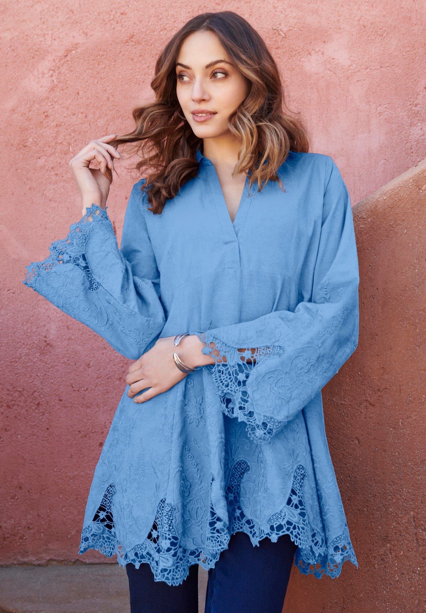 Poplin Embroidered Swing Tunic, FRENCH BLUE, hi-res image number 0