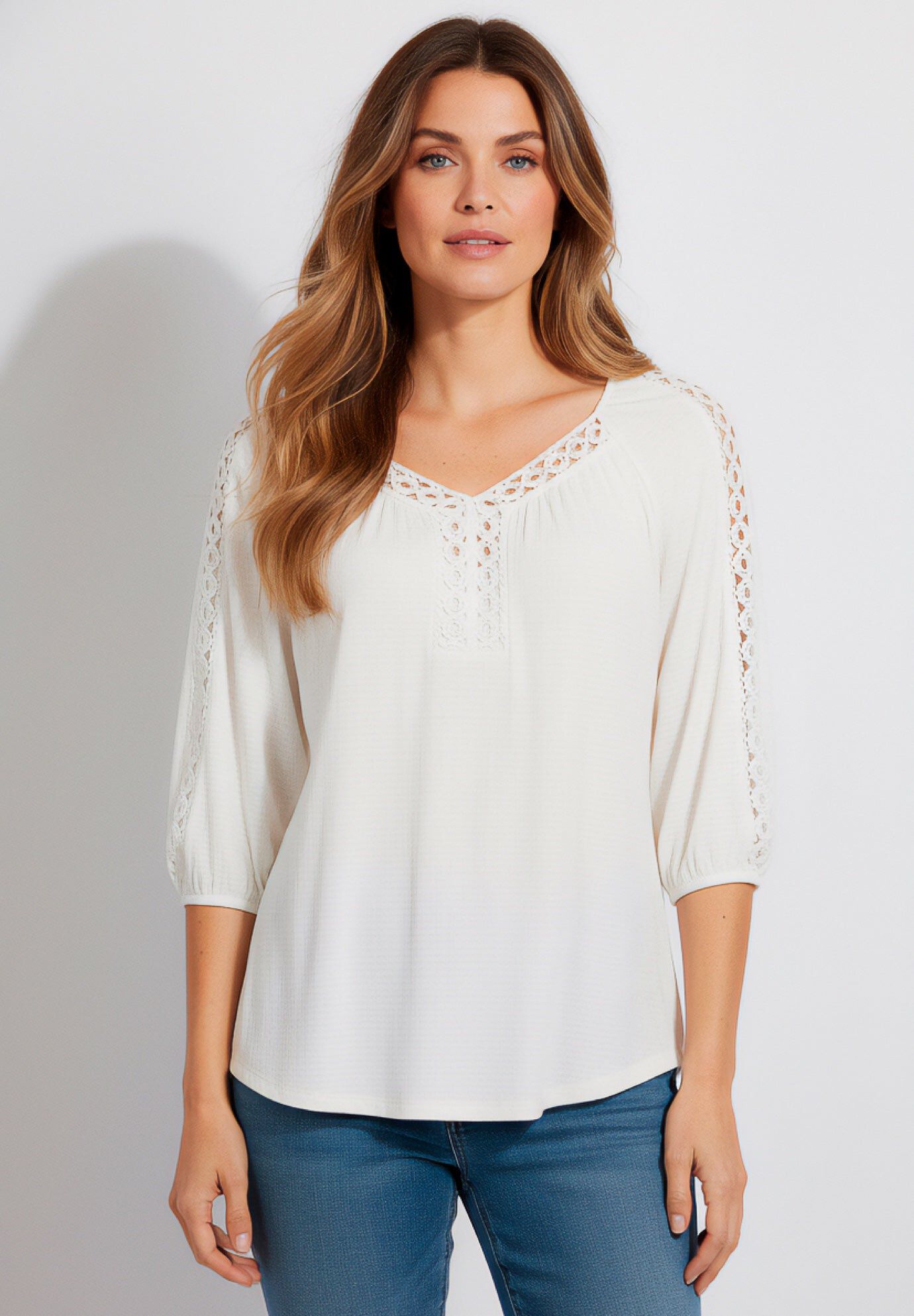 Plus Size Lace Pointelle V-Neck Blouson Sleeve Tunic | OneStopPlus