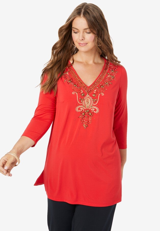 Ultrasmooth® Fabric Embellished Tunic, VIVID RED EMBELLISHED PAISLEY, hi-res image number null