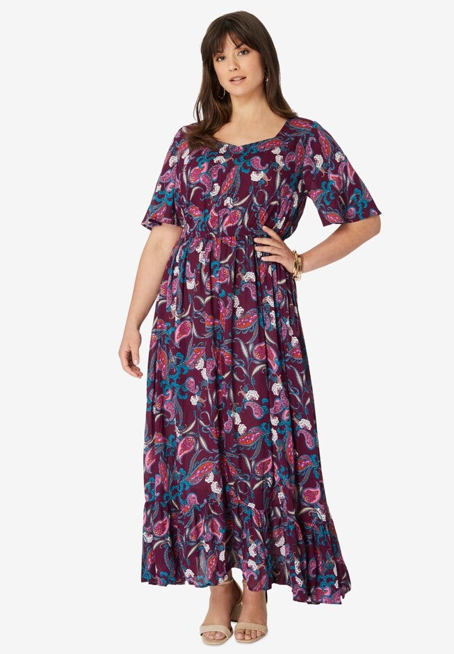 Flutter-Sleeve Crinkle Maxi Dress, BERRY PAISLEY VINE, hi-res image number null