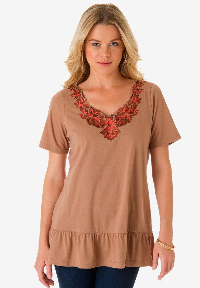 Embellished Ruffle-Trim Tee, BROWN SUGAR, hi-res image number null