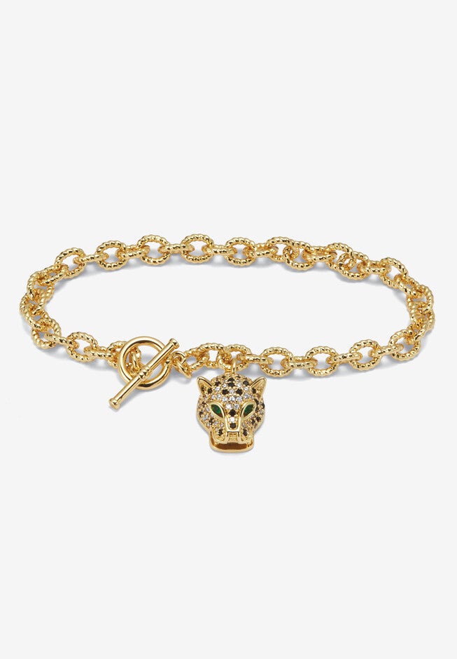 Marquise Cut Green Crystal Goldtone Charm Bracelet, 8 Inches, GREEN, hi-res image number null