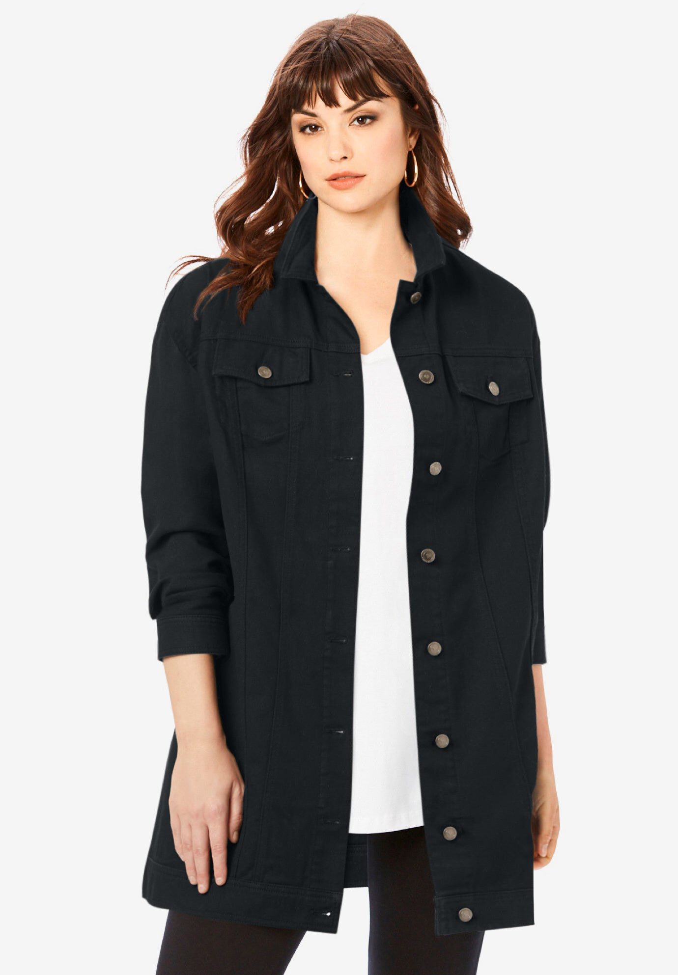 Plus Size Long Denim Jacket, BLACK, hi-res image number 0