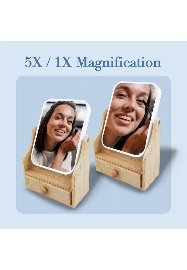 Dual Sided Mirror With Organizer Tray, Bamboo Base Drawer • 360° Rotation • 5X/ 1X Magnification, , alternate image number 2