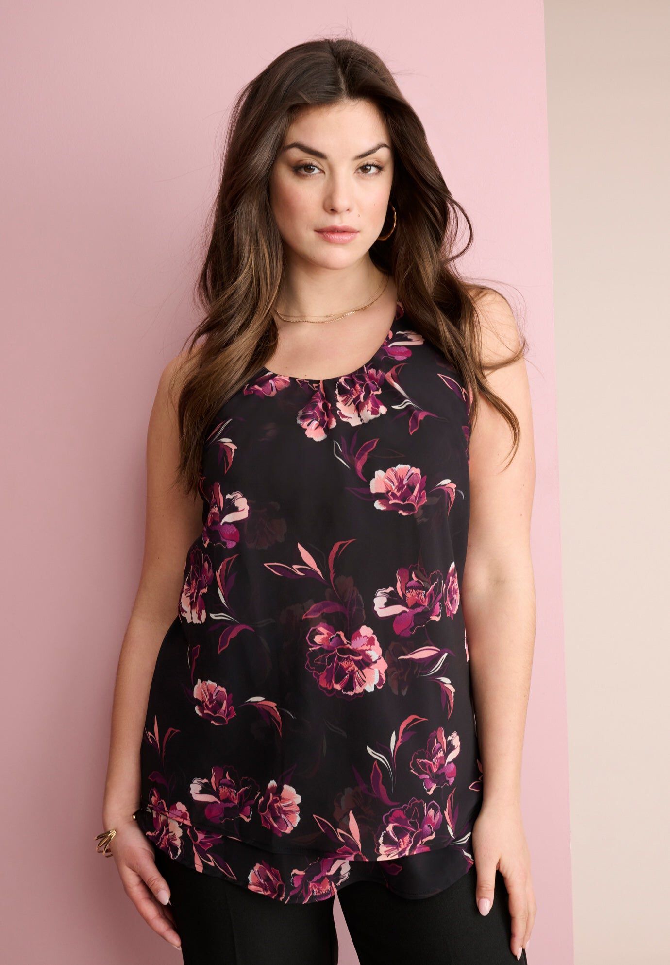 Double-Layer Georgette Tank Top, BLACK OPEN FLORAL, hi-res image number 0