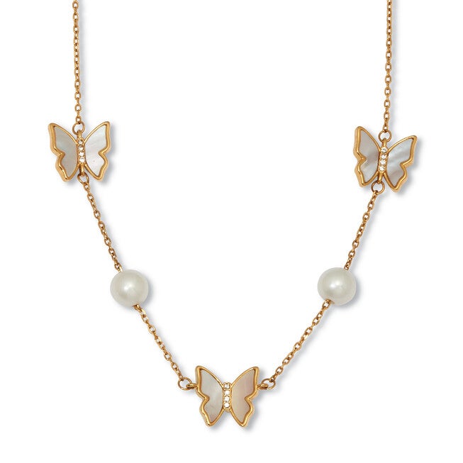 Mother of Pearl Gold Ion-Plated Stainless Steel Butterfly Necklace 18-inch, WHITE, hi-res image number null