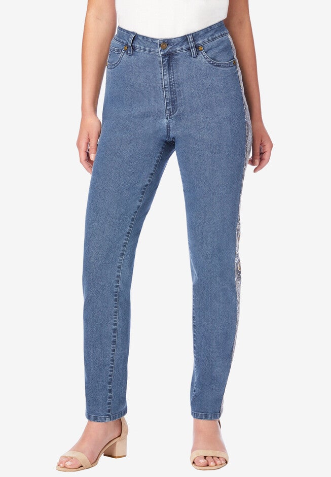 Side-Stripe Straight-Leg Jean with Invisible Stretch® By Denim 24/7, MULTI MINI PAISLEY, hi-res image number null