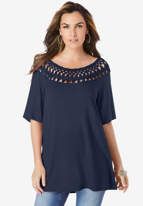 Crochet-Trimmed Top, NAVY, hi-res image number null