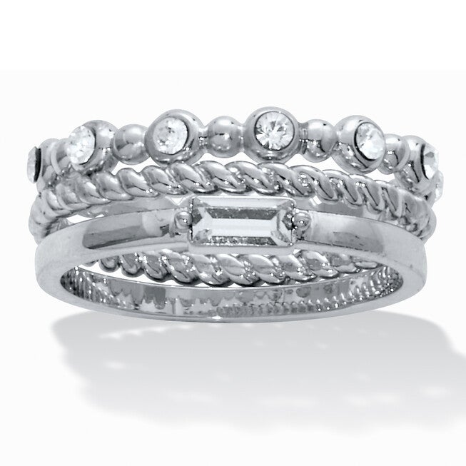 3-Piece Platinum Plated Crystal Stacked Band Set, WHITE, hi-res image number 0