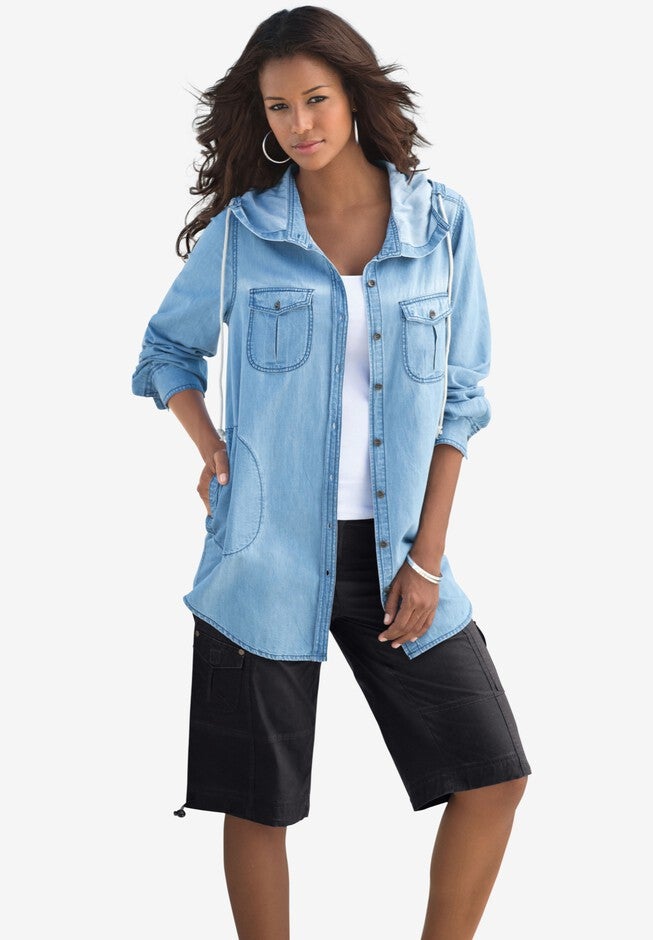 Hooded Denim Big Shirt, BLEACH, hi-res image number 0