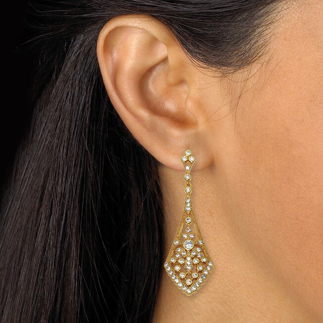 Round Crystal Goldtone Antiqued Drop Earrings, 50x15mm, WHITE, alternate image number 2