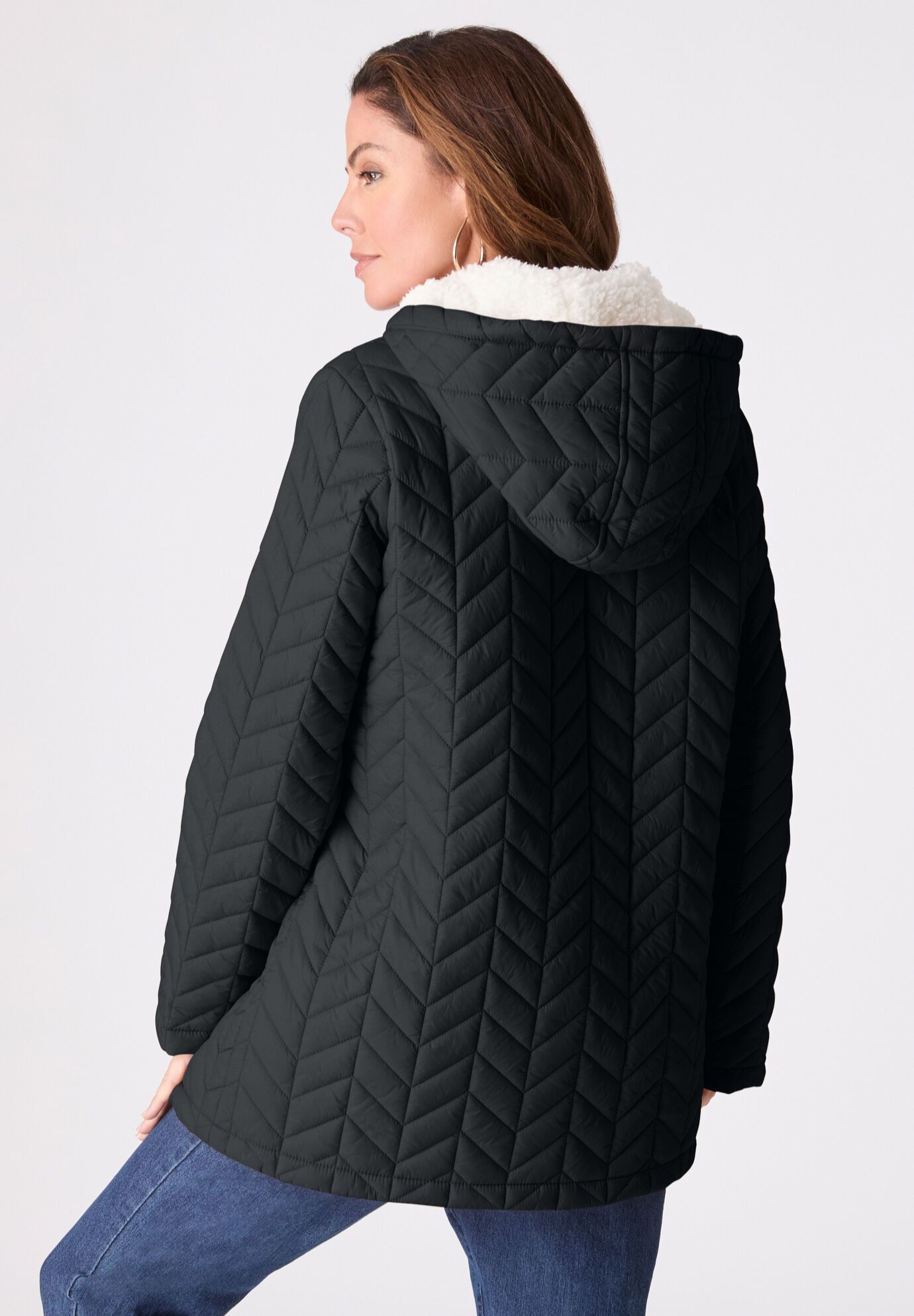 Plus Size Sherpa Lined Quilted Jacket, BLACK, alternate image number 2