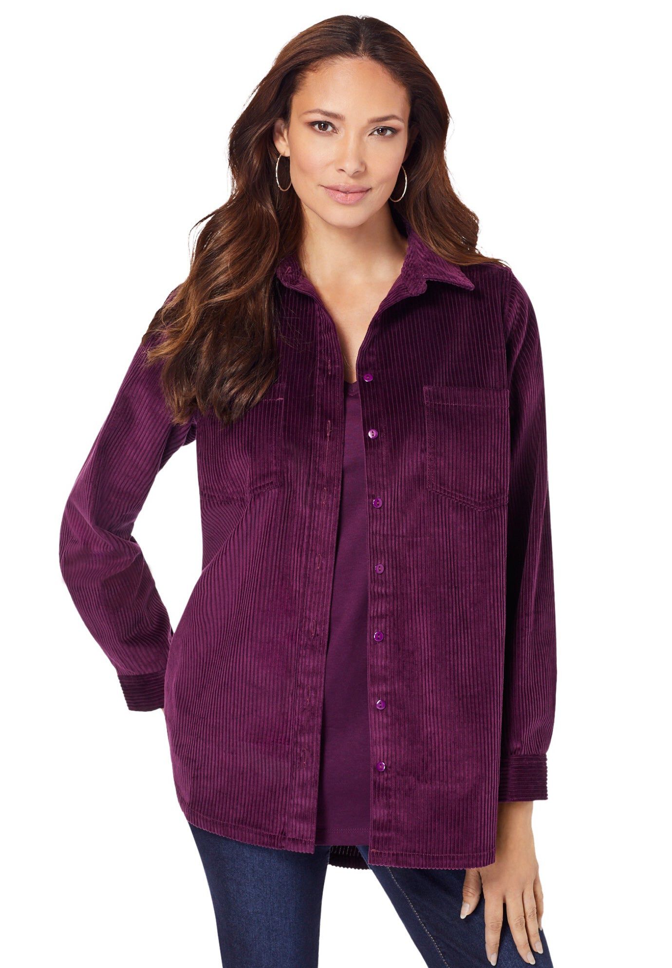 Corduroy Button-Front Shirt, DARK BERRY, hi-res image number 0