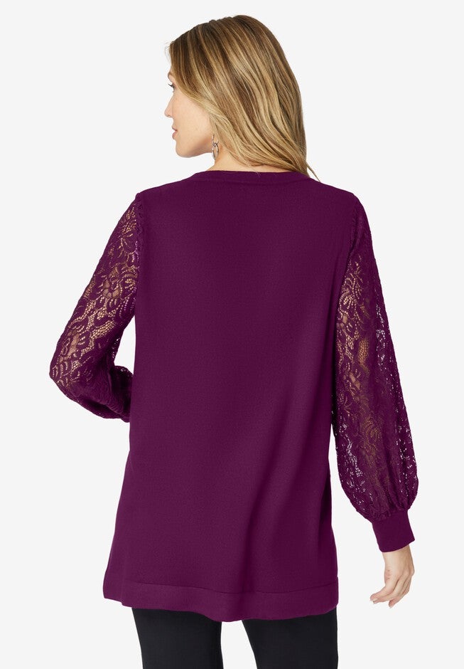 Lace Sleeve V Neck Sweater, , on-hover image number null