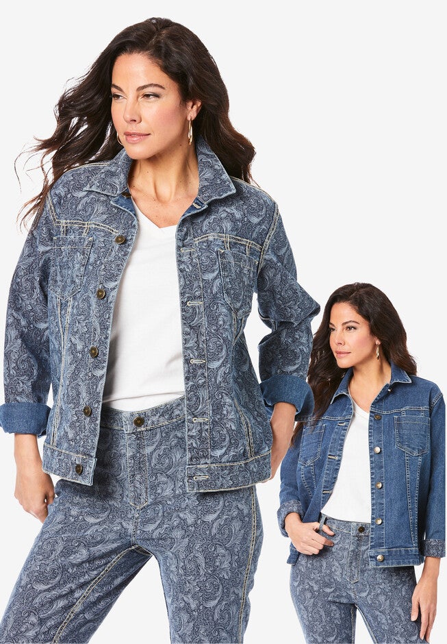 Reversible Stretch Denim Jacket, DENIM ETCHED FILIGREE, hi-res image number 0