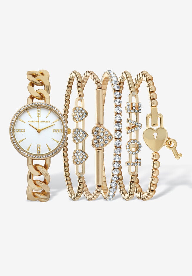 Women'S Goldtone Tennis Style Watch And Bracelet Set With Crystal Accents Jewelry, CRYSTAL, hi-res image number null