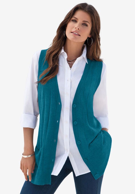 Fine Gauge Drop Needle Sweater Vest, OCEAN TEAL, hi-res image number null