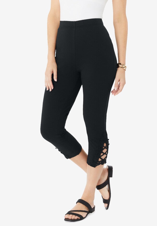 Lace-Appliquéd Capri Leggings, BLACK, hi-res image number 0